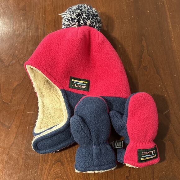 LL Bean Baby Toddler 6-12M Hat & Mitten Set Mountain Classic Fleece Color block - Picture 1 of 12